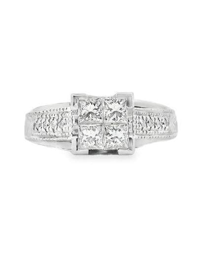 18K White Gold Ring with Princess & Round Cut Diamonds- Size 6.75