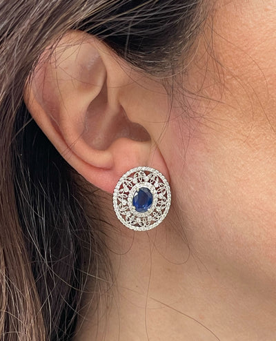 14K White Gold Diamond and Oval Sapphire Earrings