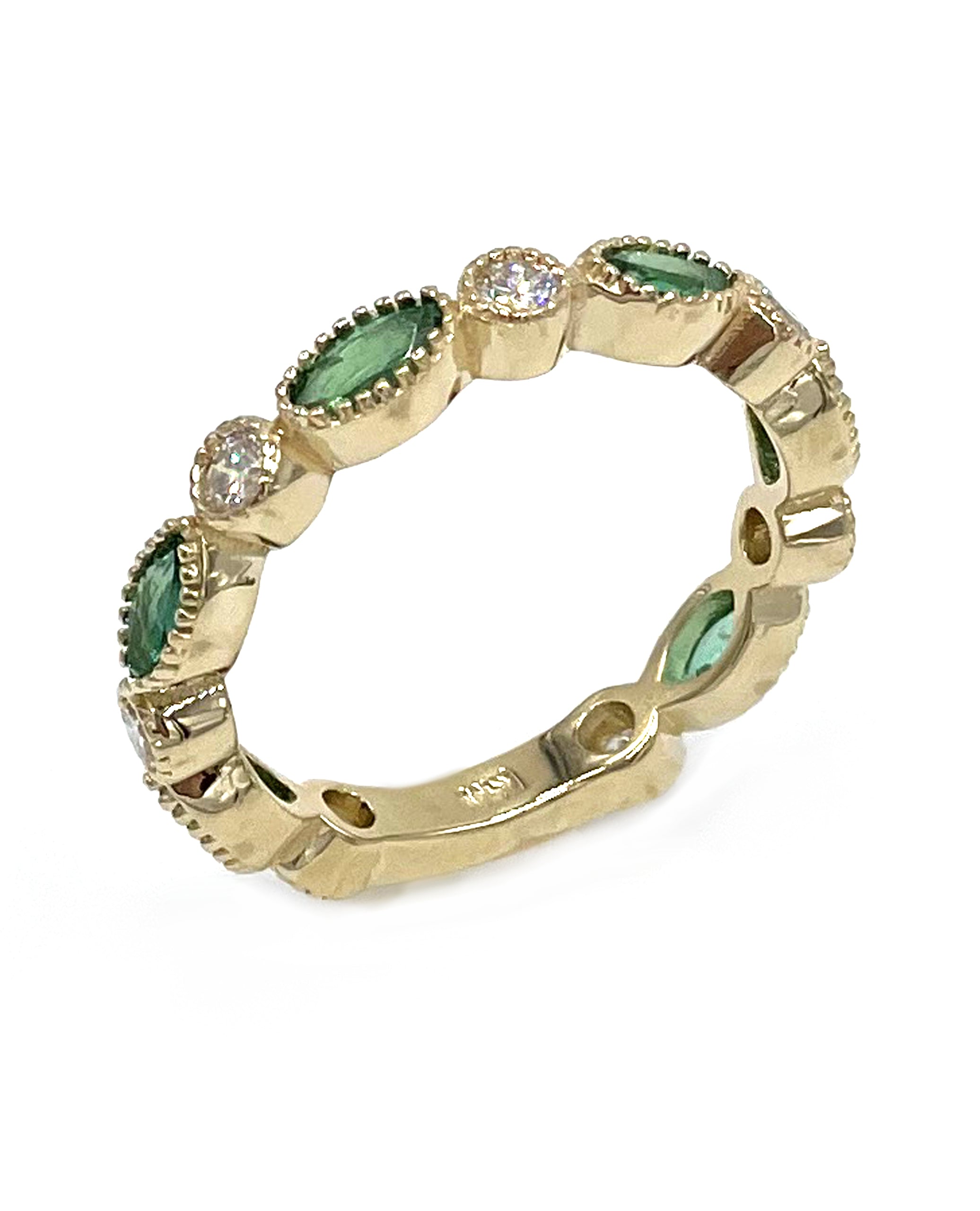 Marquise Shaped Emerald and Diamond Eternity Ring in 14K Yellow Gold