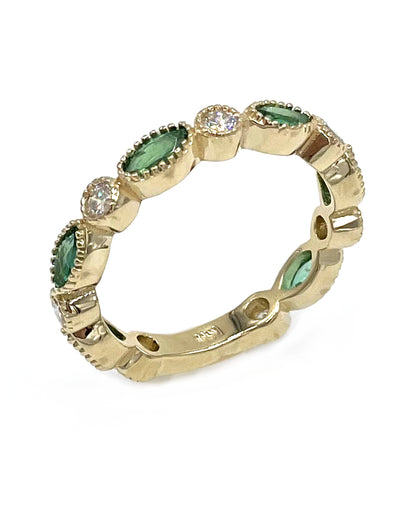 Marquise Shaped Emerald and Diamond Eternity Ring in 14K Yellow Gold