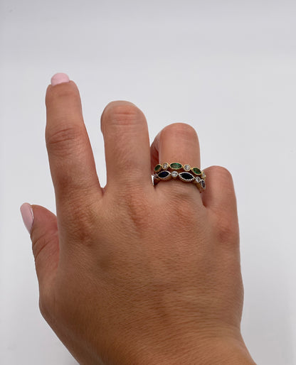 Marquise Shaped Emerald and Diamond Eternity Ring in 14K Yellow Gold