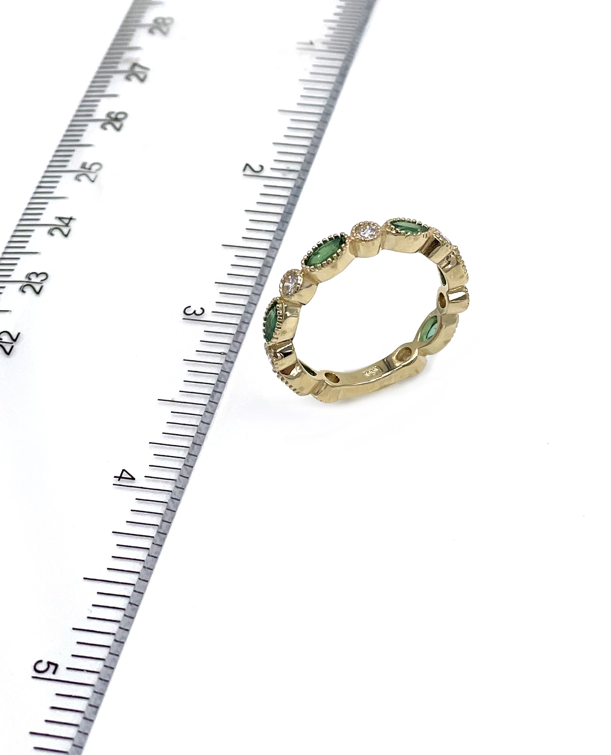 Marquise Shaped Emerald and Diamond Eternity Ring in 14K Yellow Gold