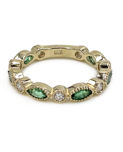 Marquise Shaped Emerald and Diamond Eternity Ring in 14K Yellow Gold