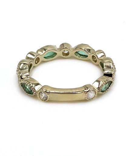 Marquise Shaped Emerald and Diamond Eternity Ring in 14K Yellow Gold