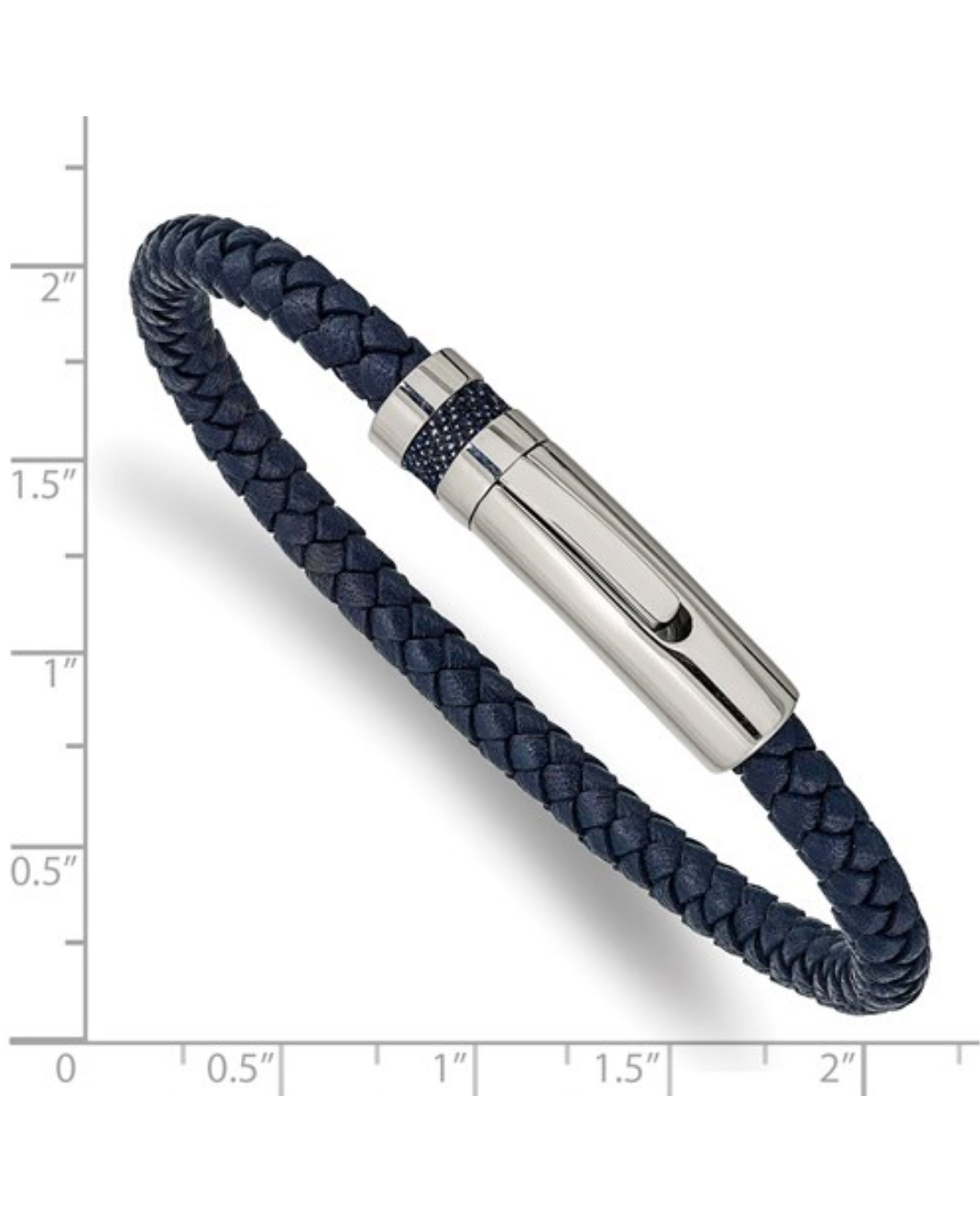 Blue Leather Braided Bracelet with Push Button Lock on Top to Release Clasp