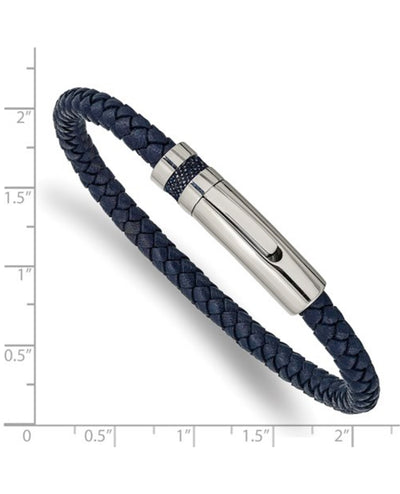 Blue Leather Braided Bracelet with Push Button Lock on Top to Release Clasp