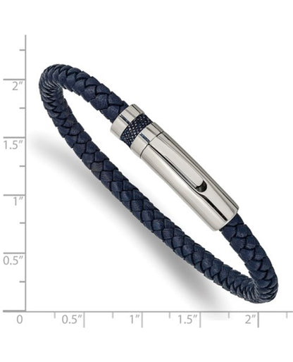 Blue Leather Braided Bracelet with Push Button Lock on Top to Release Clasp