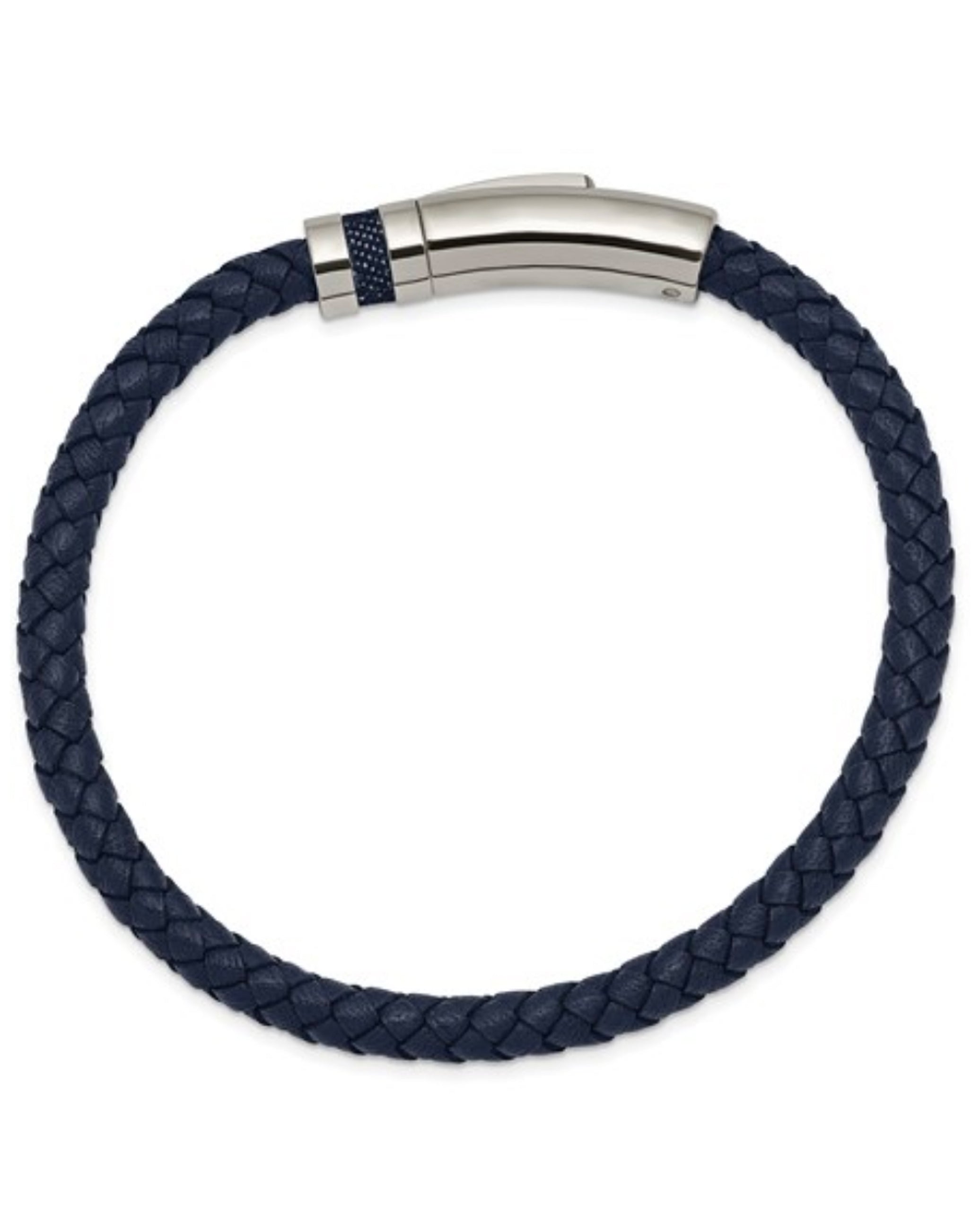 Blue Leather Braided Bracelet with Push Button Lock on Top to Release Clasp