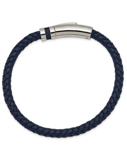 Blue Leather Braided Bracelet with Push Button Lock on Top to Release Clasp