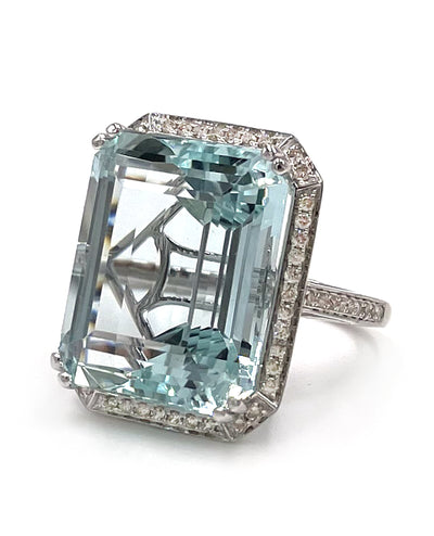 23.94 Carat Aquamarine Ring in 14K White Gold with Round Diamonds Totaling 0.52 Carats