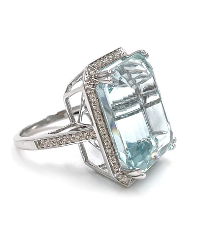 23.94 Carat Aquamarine Ring in 14K White Gold with Round Diamonds Totaling 0.52 Carats