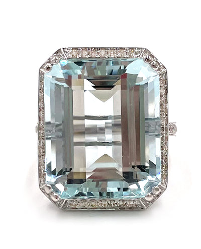 23.94 Carat Aquamarine Ring in 14K White Gold with Round Diamonds Totaling 0.52 Carats