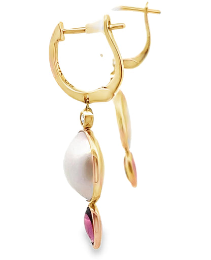 Olivia B. 14K Yellow Gold Mabe Pearl Dangle Earrings with Rhodolite Briolettes