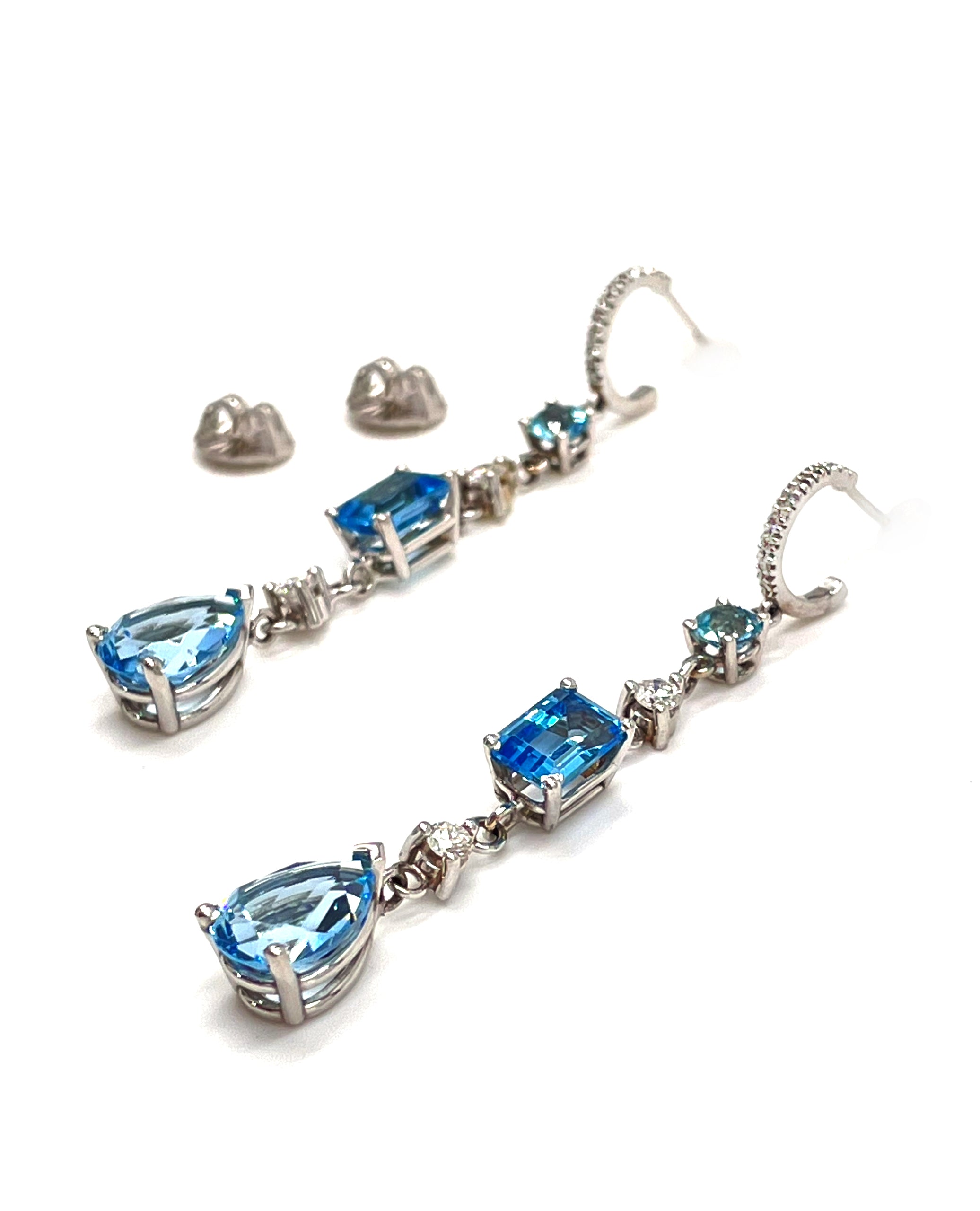 14K White Gold Blue Topaz and Diamond Dangling Earrings