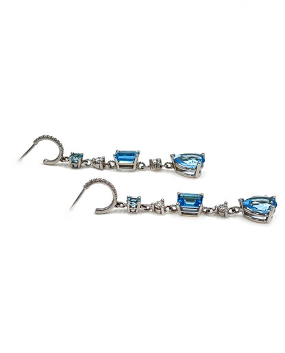 14K White Gold Blue Topaz and Diamond Dangling Earrings