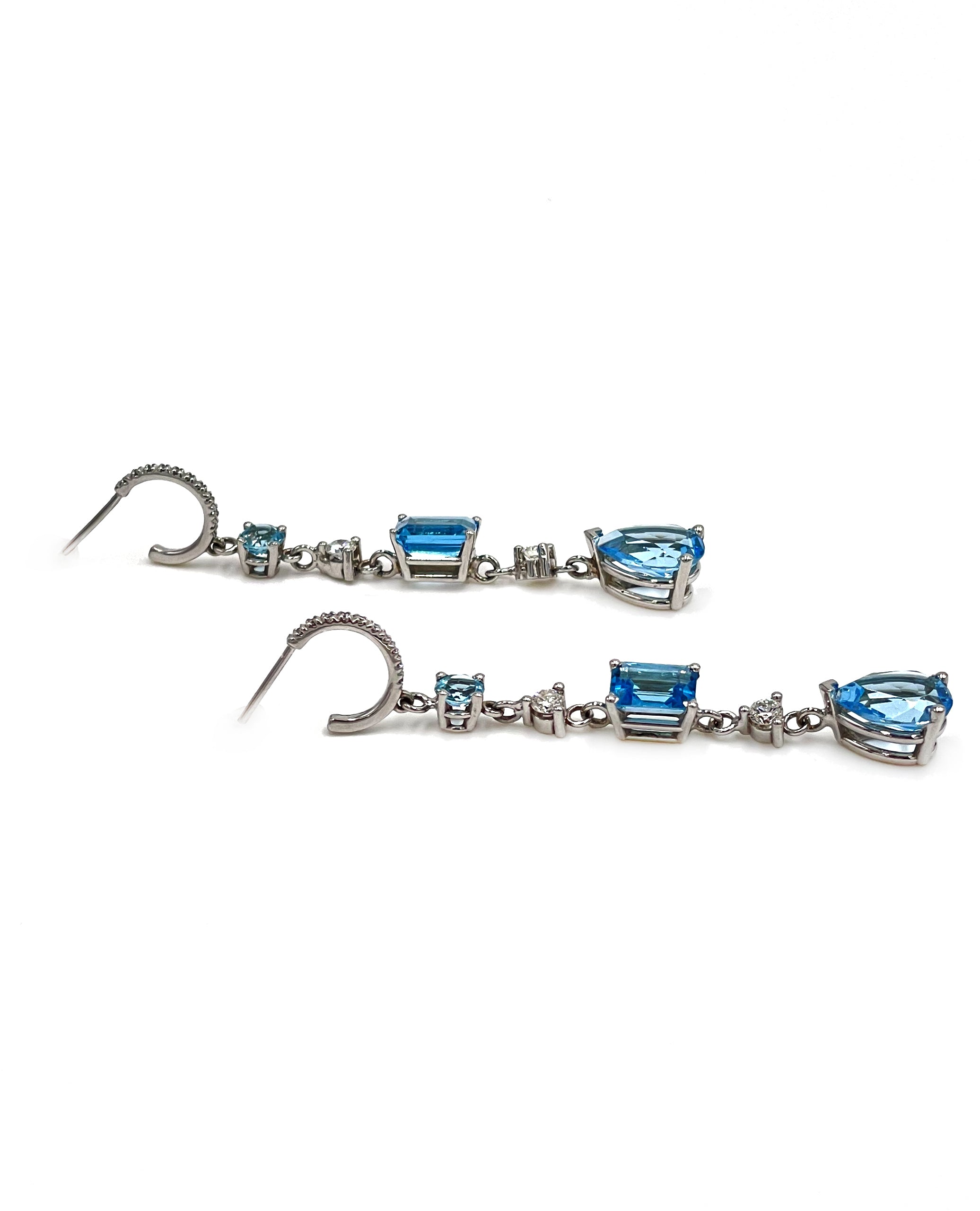 14K White Gold Blue Topaz and Diamond Dangling Earrings