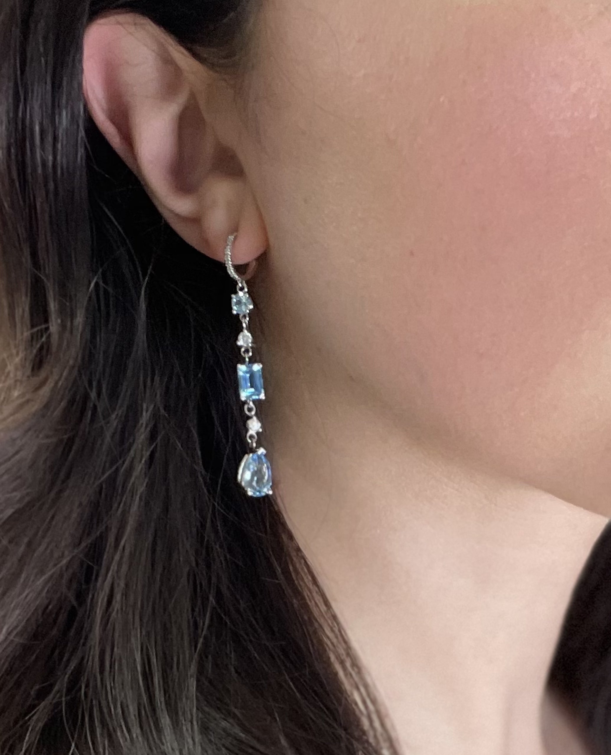 14K White Gold Blue Topaz and Diamond Dangling Earrings