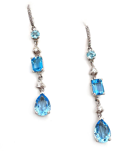 14K White Gold Blue Topaz and Diamond Dangling Earrings