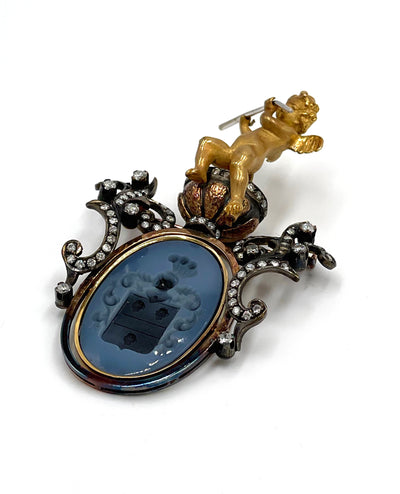 Pre-owned 18K Yellow Gold Intaglio and Diamond Brooch and Pendant