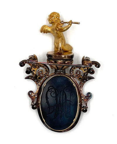 Pre-owned 18K Yellow Gold Intaglio and Diamond Brooch and Pendant