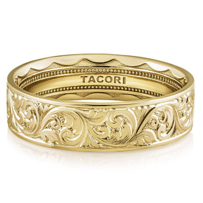 Tacori Classic, Flat Scroll Hand Engraved in High Polish Finish Wedding Band in 18K Yellow Gold