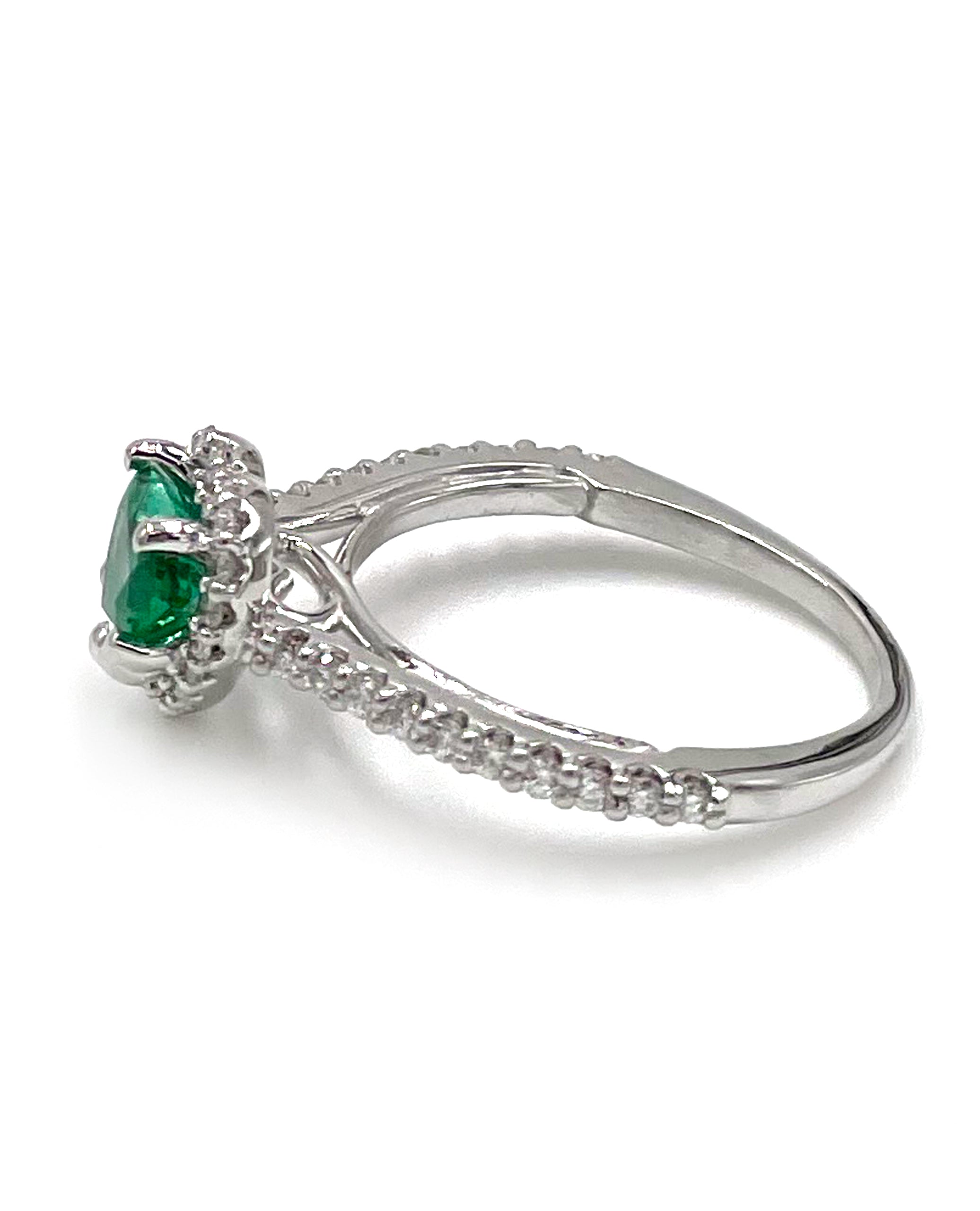 14K White Gold Heart Halo Ring with Heart Shaped Emerald