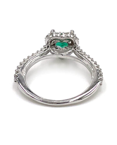 14K White Gold Heart Halo Ring with Heart Shaped Emerald