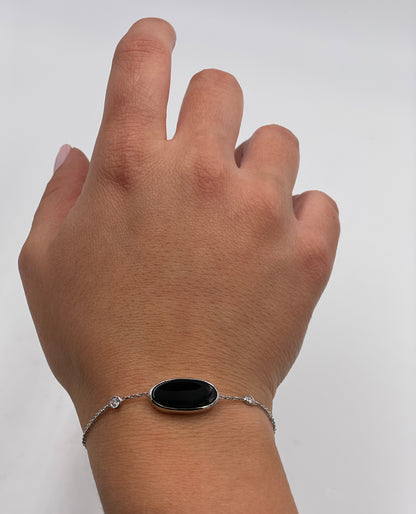 14K White Gold Black Onyx and Diamond Bracelet