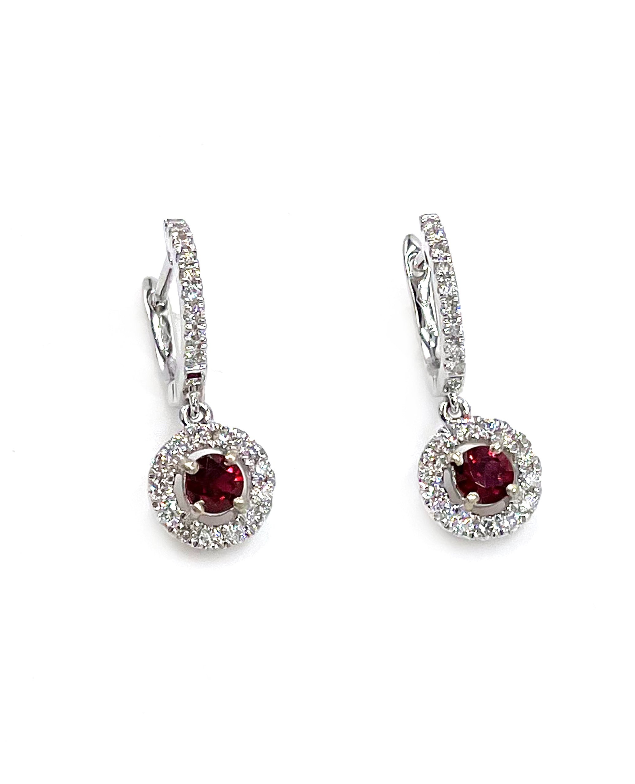 18K White Gold Drop Earrings with Round Rubies and Diamonds