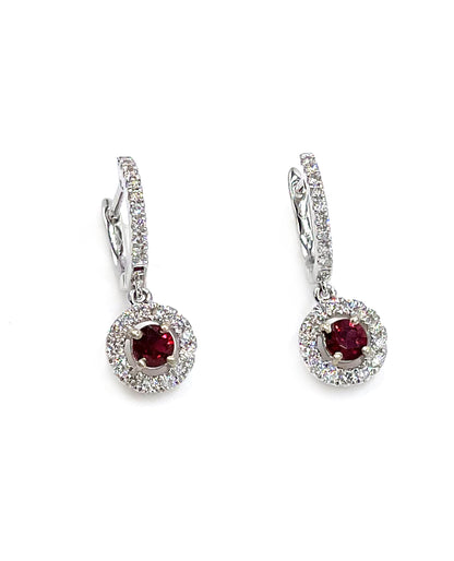 18K White Gold Drop Earrings with Round Rubies and Diamonds