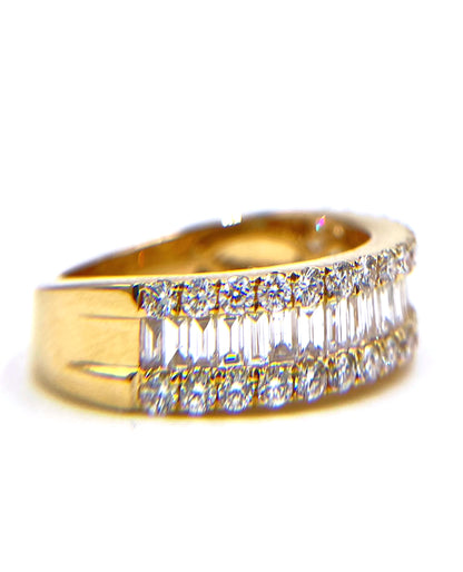 Multi Row Round and Baguette Diamond Ring in 18K Yellow Gold