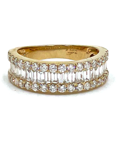 Multi Row Round and Baguette Diamond Ring 1.31 Carats in 18K Yellow Gold