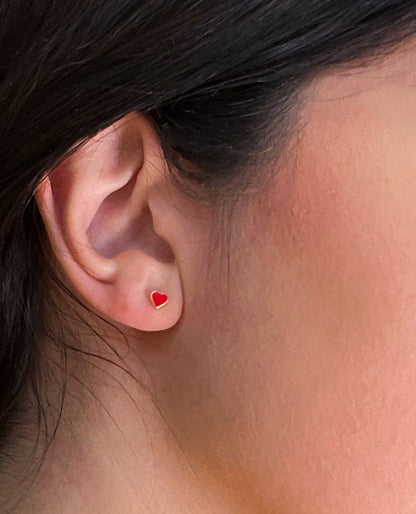 18K Yellow Gold Small Red Heart Screwback Earrings