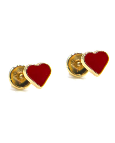18K Yellow Gold Small Red Heart Screwback Earrings
