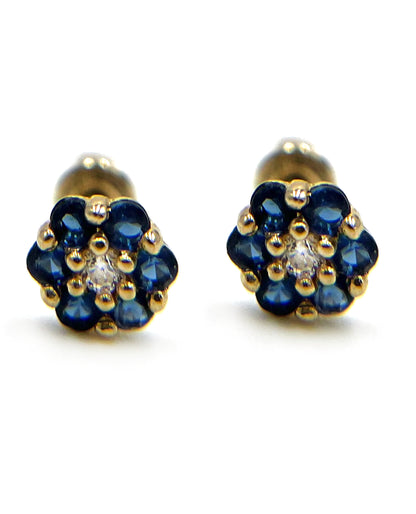 14K Yellow Gold Blue Flower Screwback Earrings