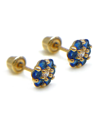 14K Yellow Gold Blue Flower Screwback Earrings