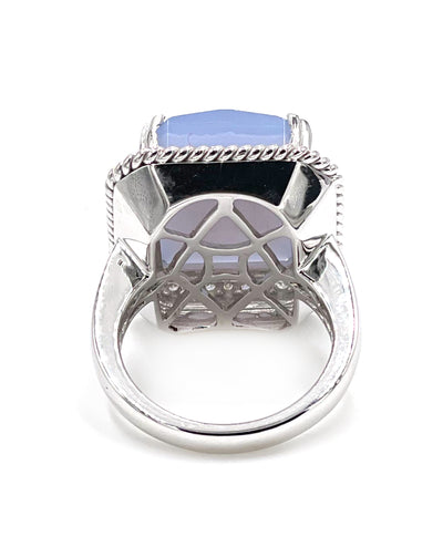 14K White Gold Ring with Diamonds and Chalcedony