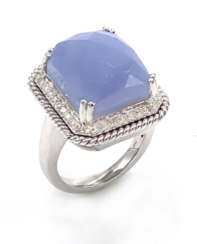 14K White Gold Ring with Diamonds and Chalcedony