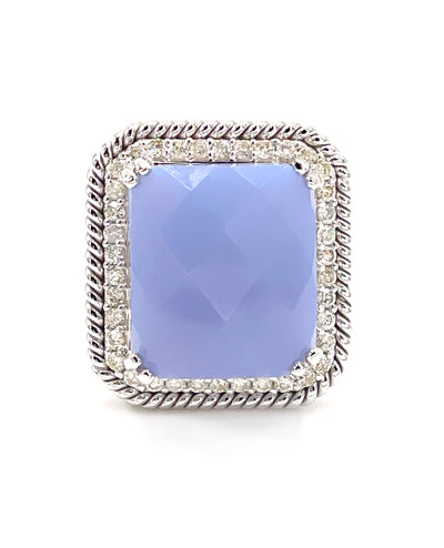 14K White Gold Ring with Diamonds and Chalcedony