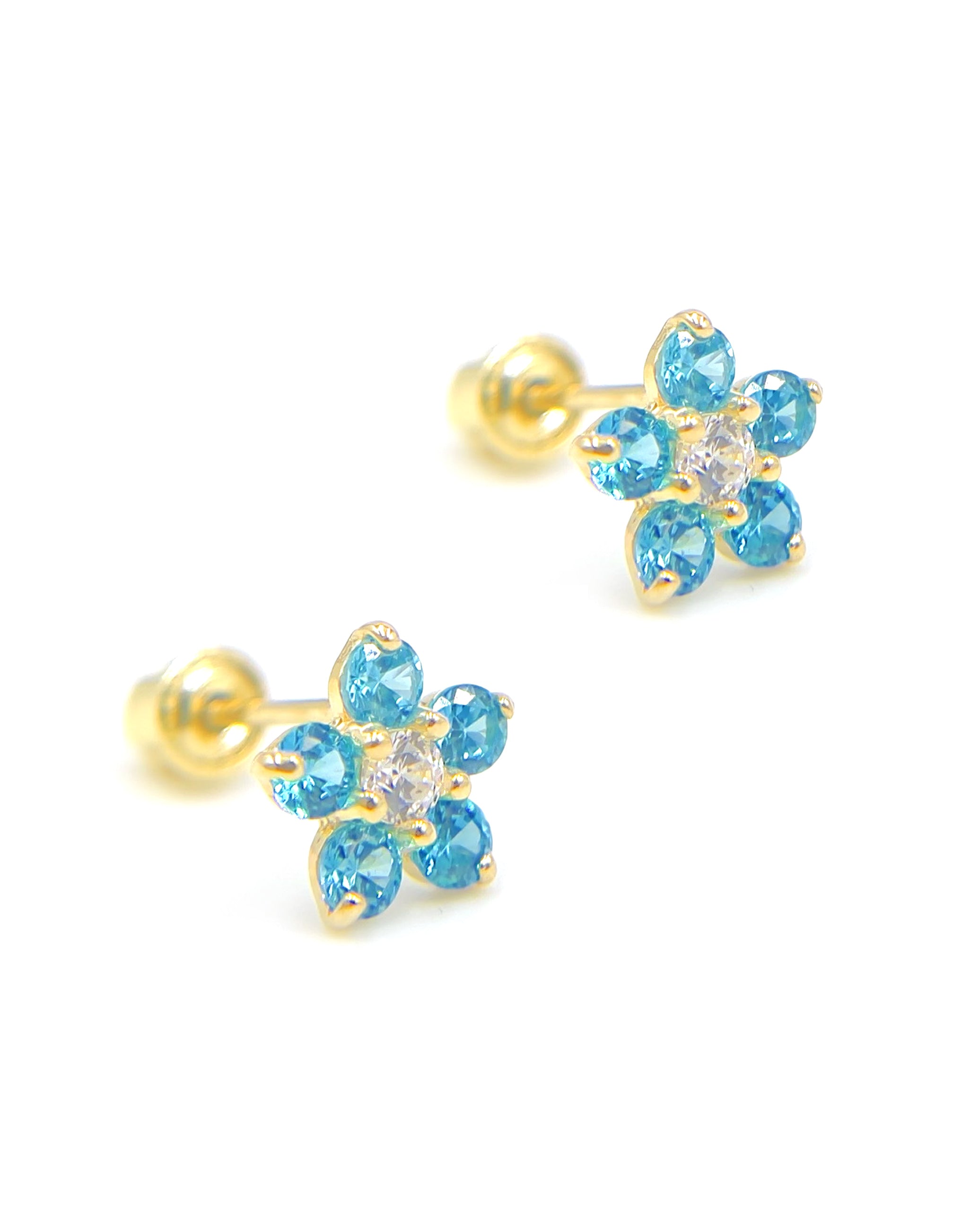 14k Yellow Gold Birthday Flower Earrings with Five Petals - December with Screwbacks