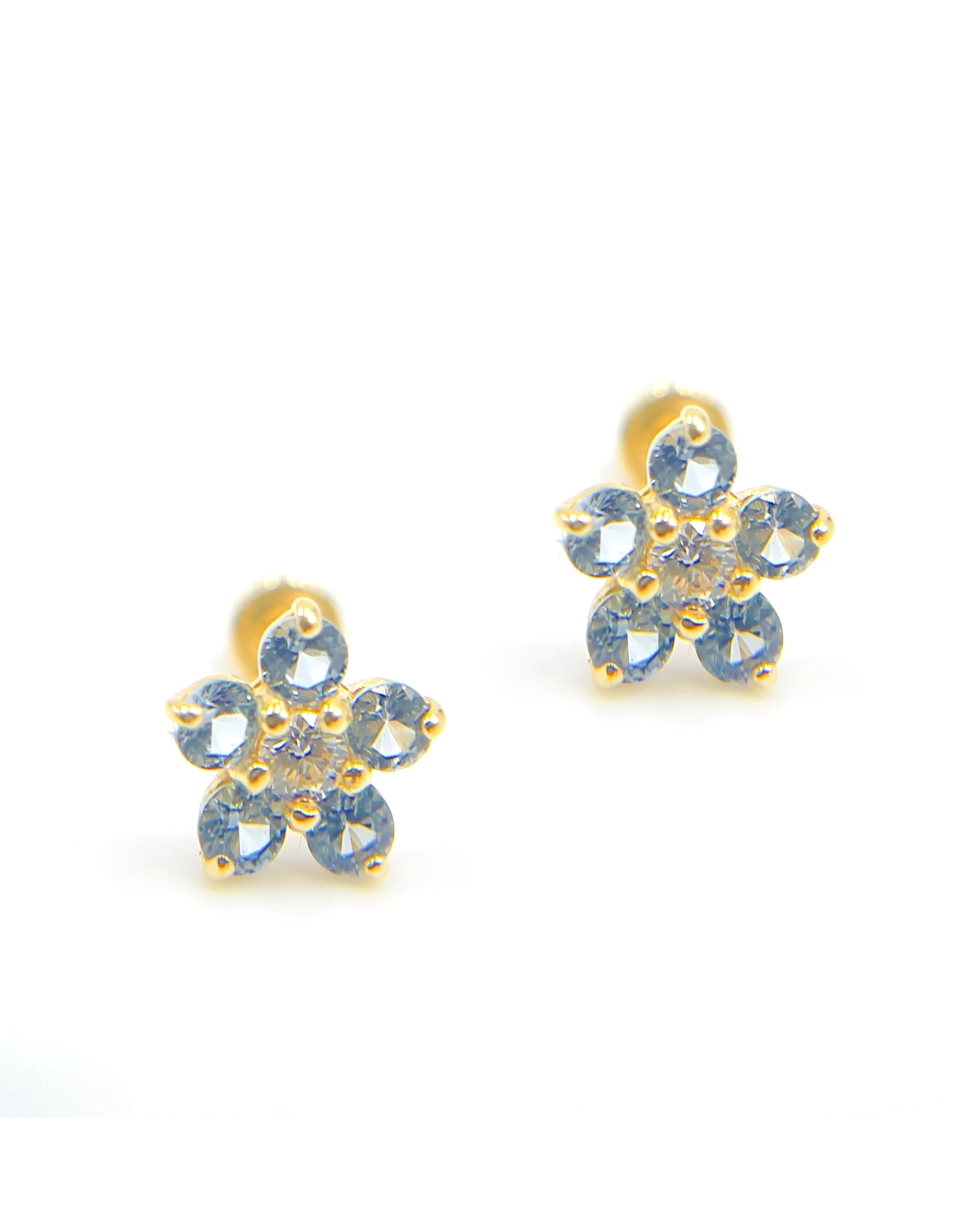 14k Yellow Gold Birthday Flower Earrings with Five Petals - March with Screwbacks