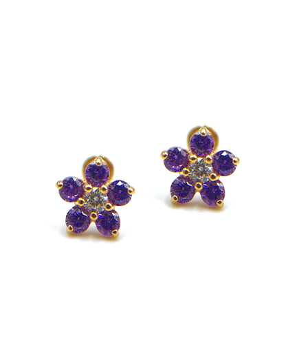 14k Yellow Gold Birthday Flower Earrings with Five Petals - February with Screwbacks