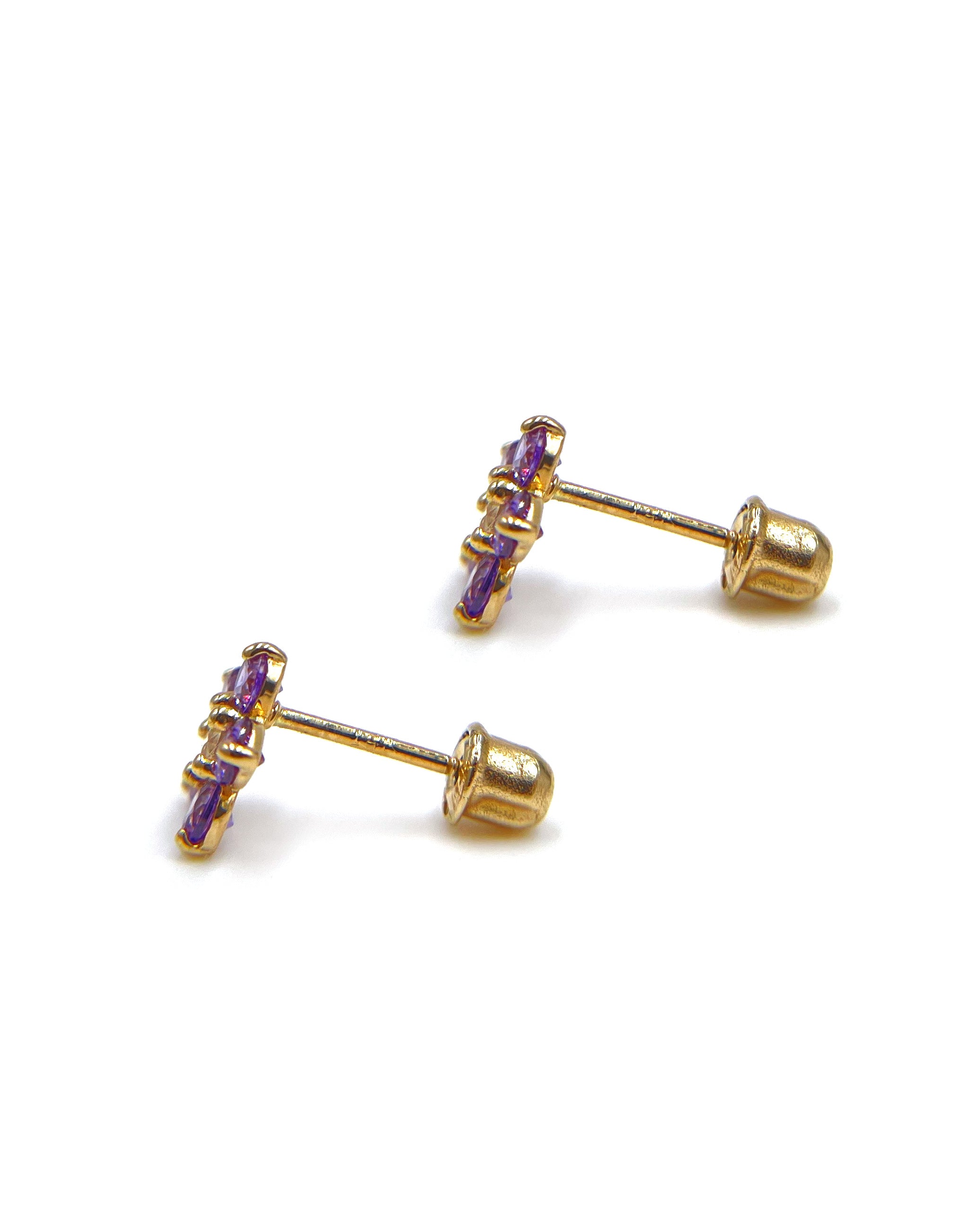 14k Yellow Gold Birthday Flower Earrings with Five Petals - February with Screwbacks