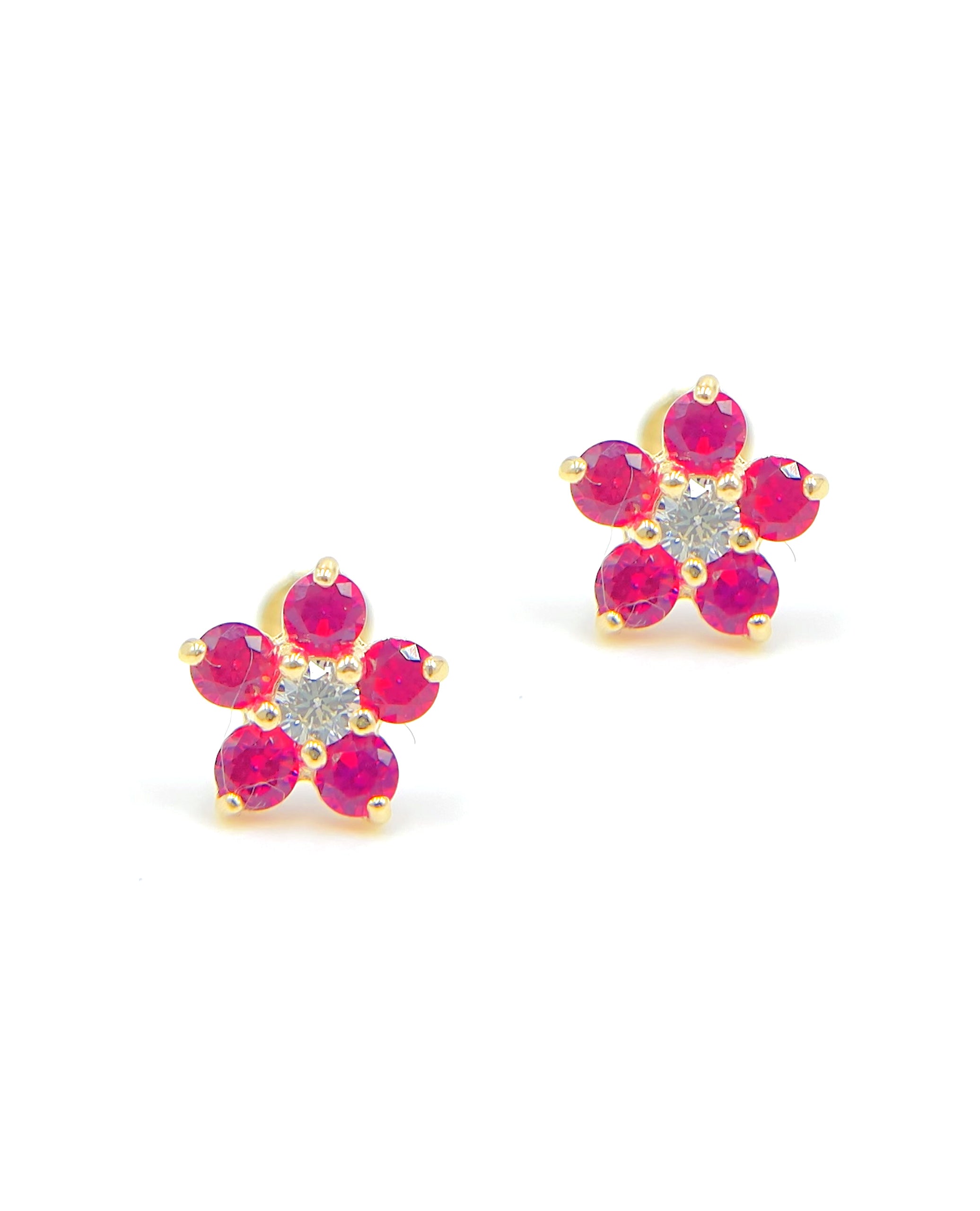 14k Yellow Gold Birthday Flower Earrings with Five Petals - July with Screwbacks