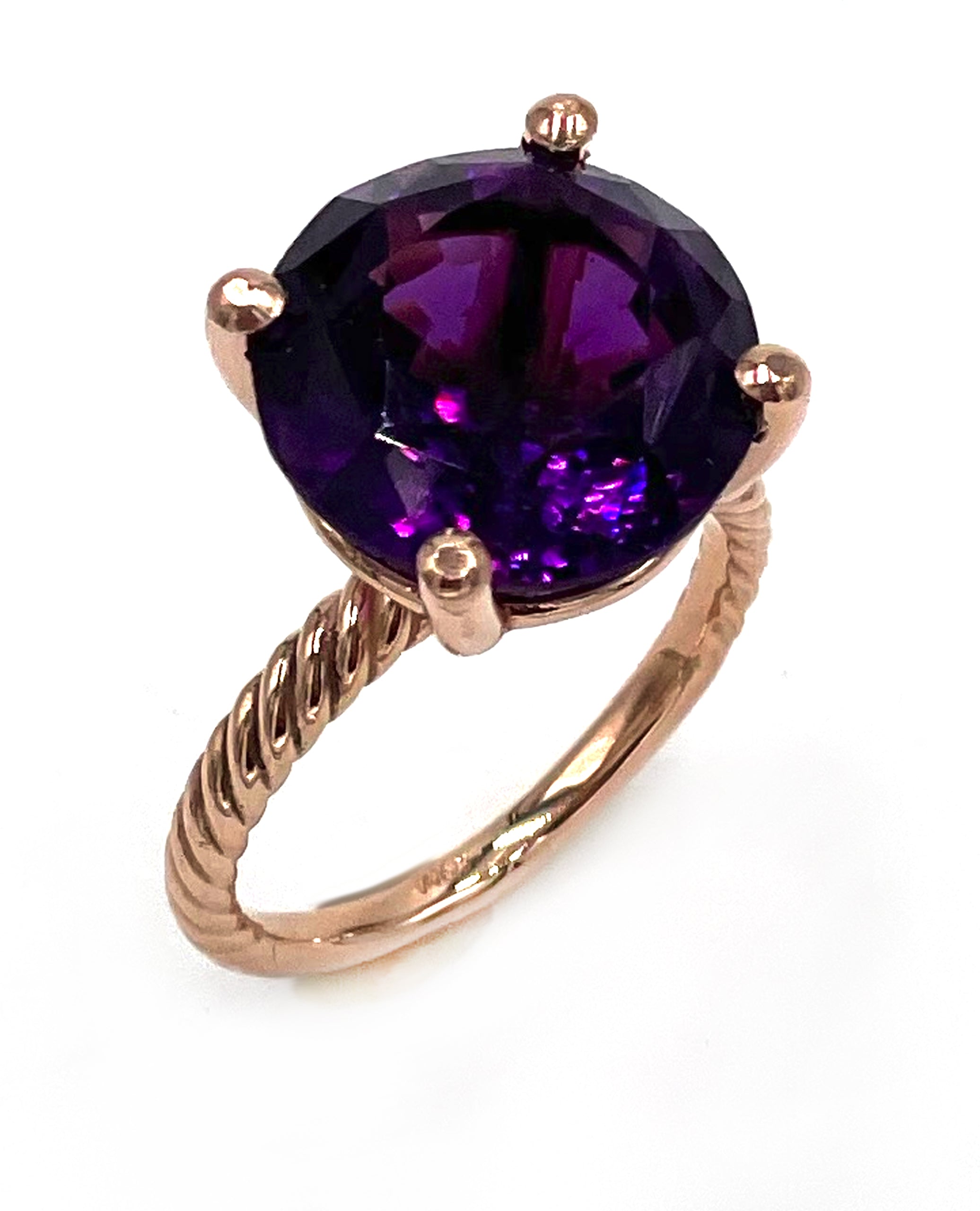 14K Rose Gold Rope Style Solitaire Ring with Amethyst