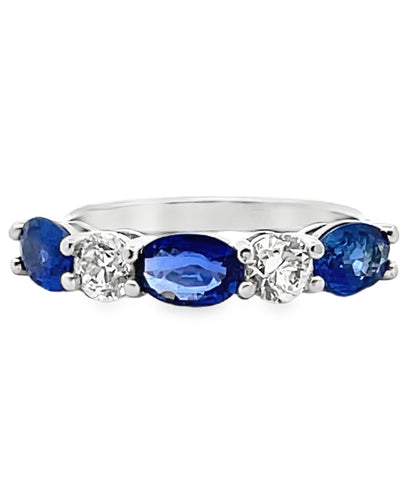 Three Oval Sapphire and Two Diamond Ring in 18K White Gold High Polish Ring
