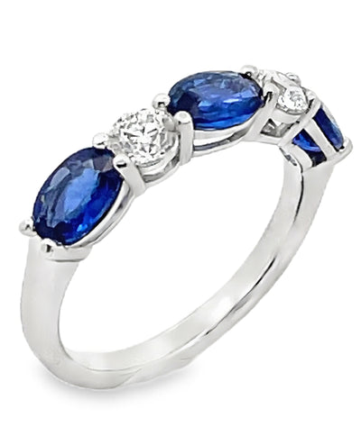Three Oval Sapphire and Two Diamond Ring in 18K White Gold High Polish Ring