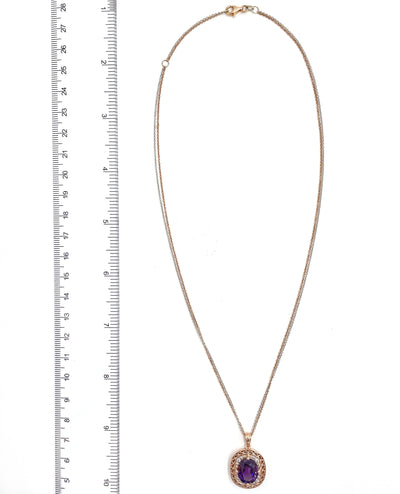 Oval Amethyst Double Chain Diamond Pendant Necklace in 14k Rose and White Gold