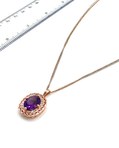 Oval Amethyst Double Chain Diamond Pendant Necklace in 14k Rose and White Gold