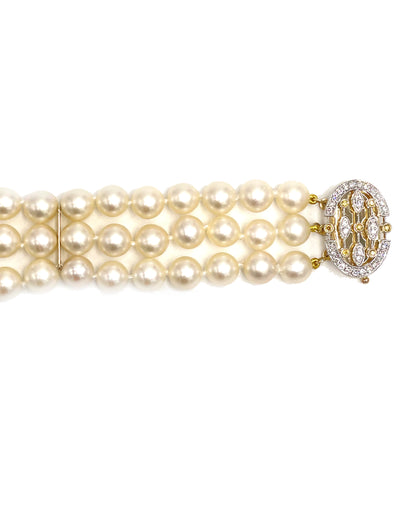 Three Row Multi Strand Pearl Bracelet with 14K & 18K Diamond Clasp